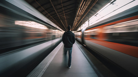 Business woman walking in the train station, motion blur abstract background.の素材