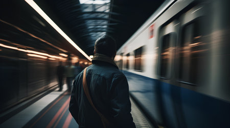 Man waiting for a train at the underground station. Blurred backgroundの素材