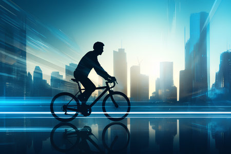 Cyclist Riding Bike in the City. Sport and Technology Concept.の素材