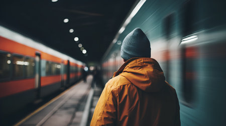 A young man in a yellow raincoat is waiting for a train.の素材
