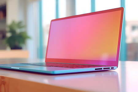 Laptop with blank screen on table in office. 3d renderの素材