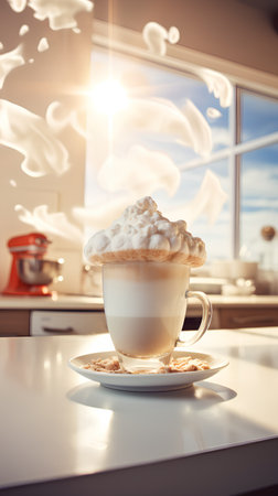 Cup of cappuccino with whipped cream on the tableの素材