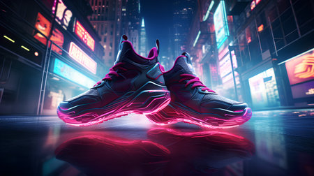 Sneakers in neon light on the street. 3d renderingの素材