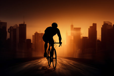 Cyclist riding bicycle on the road with cityscape at sunsetの素材