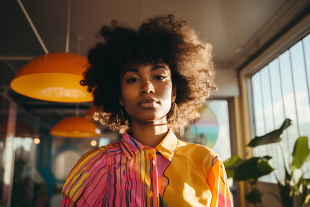 Beautiful african american woman with afro hairstyle posing in cafe.の素材