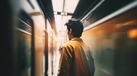 Businessman in the corridor of a modern office building, back viewの素材