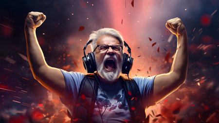 Portrait of a happy senior man with headphones in front of music background.の素材
