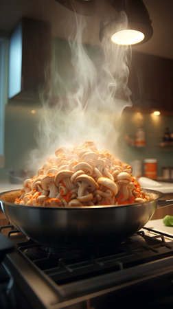stir-fried mushrooms in a pan on the stove in the kitchenの素材