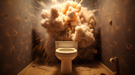 3d rendering of disaster in a room with an open toilet bowlの素材