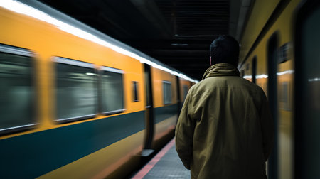 Young man waiting for train at the station platform, motion blur effectの素材