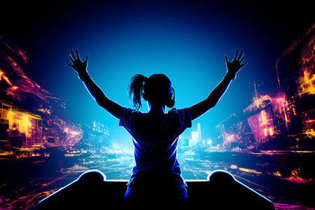 Silhouette of a young woman with hands up on abstract backgroundの素材