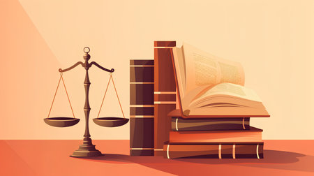 Law and justice concept. Vector illustration of law books and scales.の素材