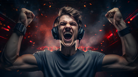 Young man with headphones shouting on the background of a nightclub. Music concept.の素材