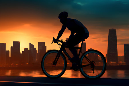 Cyclist in the city at sunset. 3D rendering.の素材