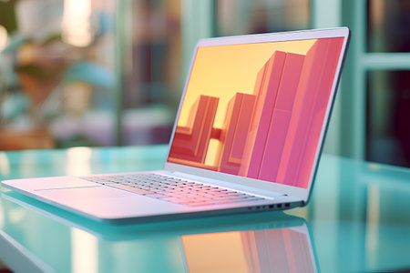 Laptop with business graph on the screen. 3d rendering.の素材