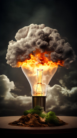 Conceptual image of burning incandescent lamp with dark cloudsの素材