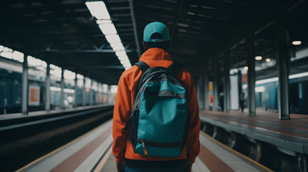 Back view of a young man with a backpack standing at the platform of a train station.の素材