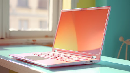 Laptop on the table in a room with a window. 3d renderの素材