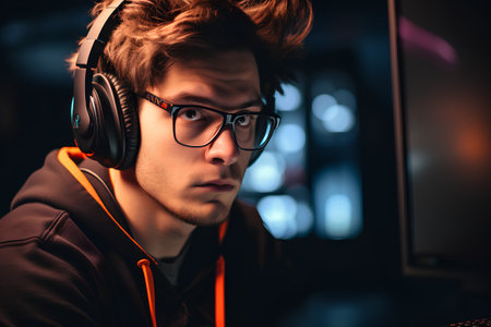Portrait of a young man gamer in headphones playing computer games.の素材