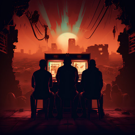 Silhouette of a group of people in front of a computer screen.の素材