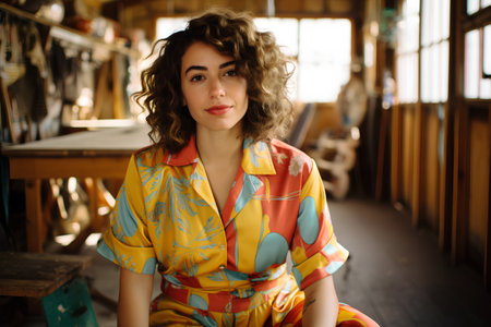 Portrait of a beautiful young woman with curly hair in a colorful dress.の素材