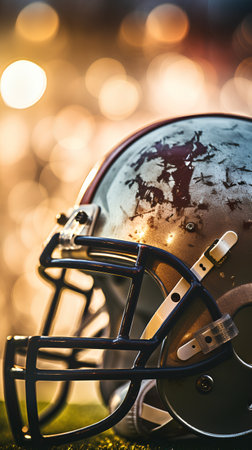 American football helmet on green grass and bokeh lights background.の素材