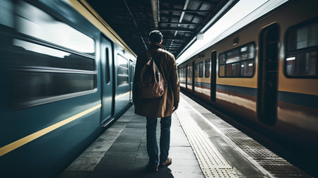 Young man waiting for train at the platform of a train station.の素材