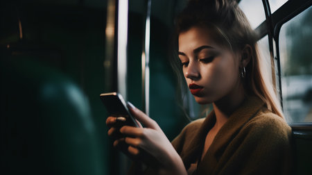 Portrait of a young beautiful woman using a mobile phone in a bus.の素材
