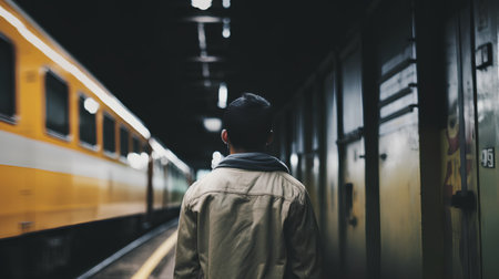 Young asian man waiting for train at railway station in Japan.の素材