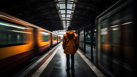 Woman in a raincoat on the platform of a train station.の素材