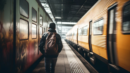 Young woman with backpack standing at the platform of a train station.の素材