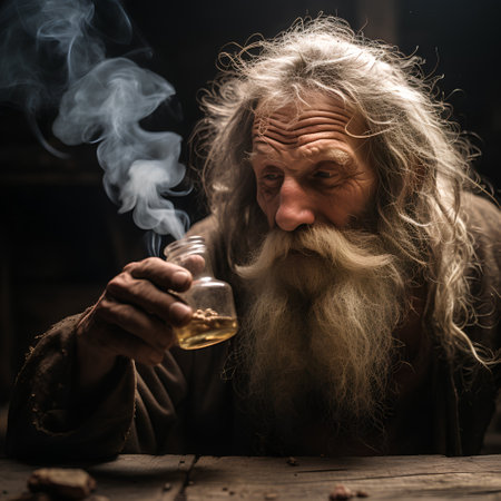 Portrait of an old man with a long beard and mustache smoking a cigar in a dark cellarの素材