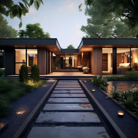 3d rendering of modern cozy house with garage and pool for sale or rent with wood plank facade. Clear summer night with shiny light from windows.の素材