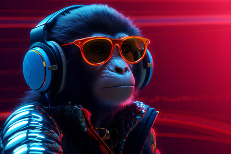 Monkey in headphones on a red background. 3D illustration.の素材