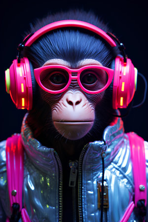 Portrait of a cute monkey with headphones on a dark background.の素材