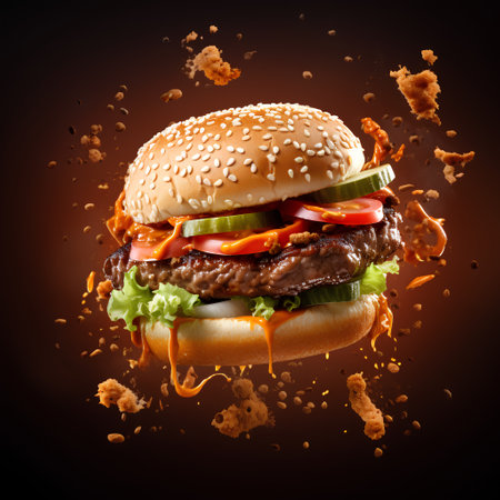 Burger with flying ingredients and splashes isolated on dark background.の素材