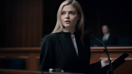 Female lawyer or judge making a speech in the courtroom. Law concept.の素材