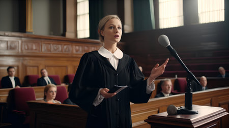 Female lawyer or judge making a speech at the international court of lawの素材