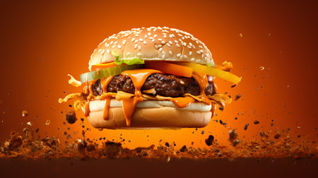 Big tasty hamburger with flying ingredients and splashes on orange backgroundの素材