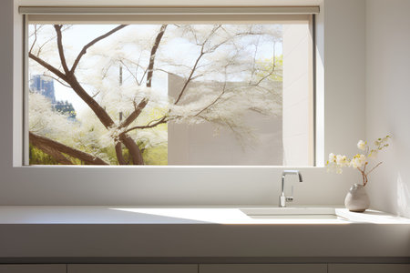 Bathroom interior with a large window overlooking the city. 3d renderingの素材