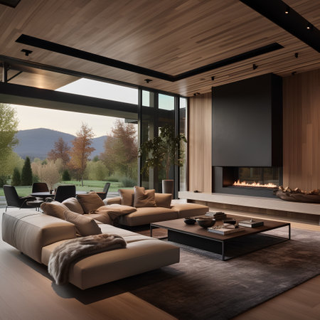 Interior of modern living room with wooden walls, wooden floor, comfortable sofa and fireplace. 3d renderingの素材