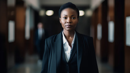 Portrait of young African businesswoman standing in corridor of modern officeの素材