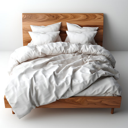 3d rendering of a wooden bed with white linen in the bedroomの素材