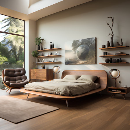 Bedroom interior with brown armchair and wooden floor. 3d renderの素材
