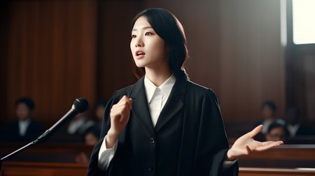 Young asian woman speaking into microphone at the podium in the conference hallの素材