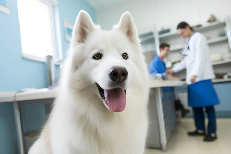 Portrait of Samoyed dog in veterinary clinic, pet care conceptの素材