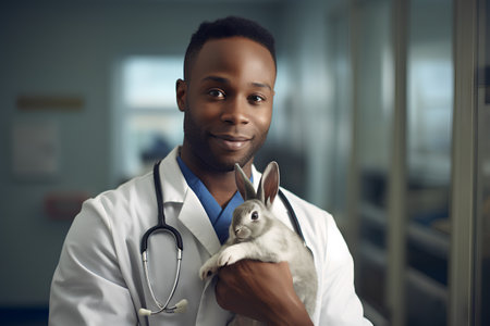 African american veterinarian holding a rabbit in his hands. Animal care concept.の素材