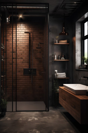 Bathroom interior with brick walls, concrete floor, black bathtub and shower stall. 3d renderingの素材