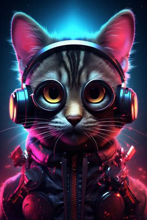 Futuristic cat with headphones listening to music. 3D renderingの素材
