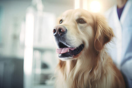 Golden Retriever in a veterinary clinic. Veterinary medicine concept.の素材